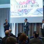 Tullio Pirovano, CEO del gruppo Lutech, Andrea Navalesi, CEO Sinergy, e Alberto Roseo, Managing Director di Lutech sul palco del Lutech Technology & Sinergy KickOff 2018