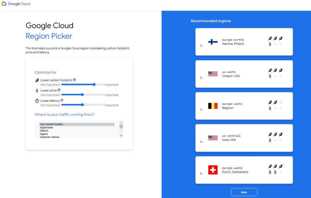 Una schermata del servizio Google Cloud Region Picker